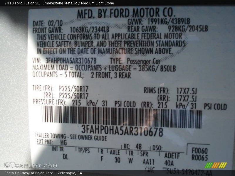 Smokestone Metallic / Medium Light Stone 2010 Ford Fusion SE