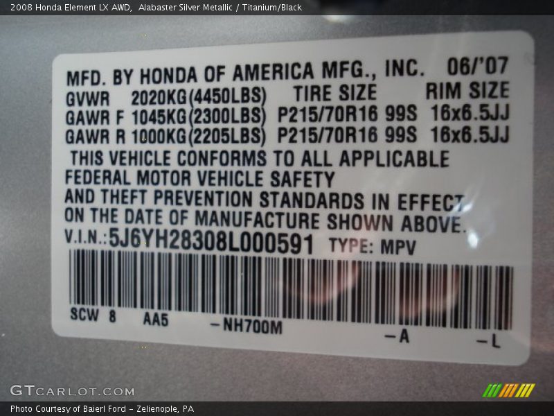 Alabaster Silver Metallic / Titanium/Black 2008 Honda Element LX AWD