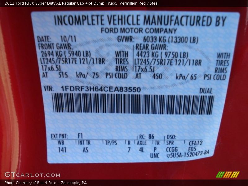2012 F350 Super Duty XL Regular Cab 4x4 Dump Truck Vermillion Red Color Code F1