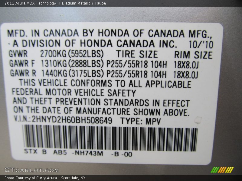 Palladium Metallic / Taupe 2011 Acura MDX Technology