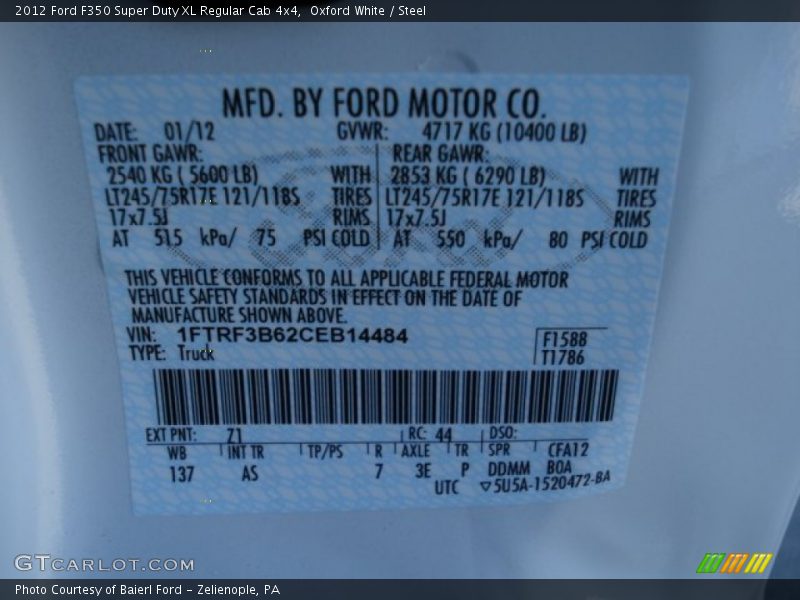 2012 F350 Super Duty XL Regular Cab 4x4 Oxford White Color Code Z1