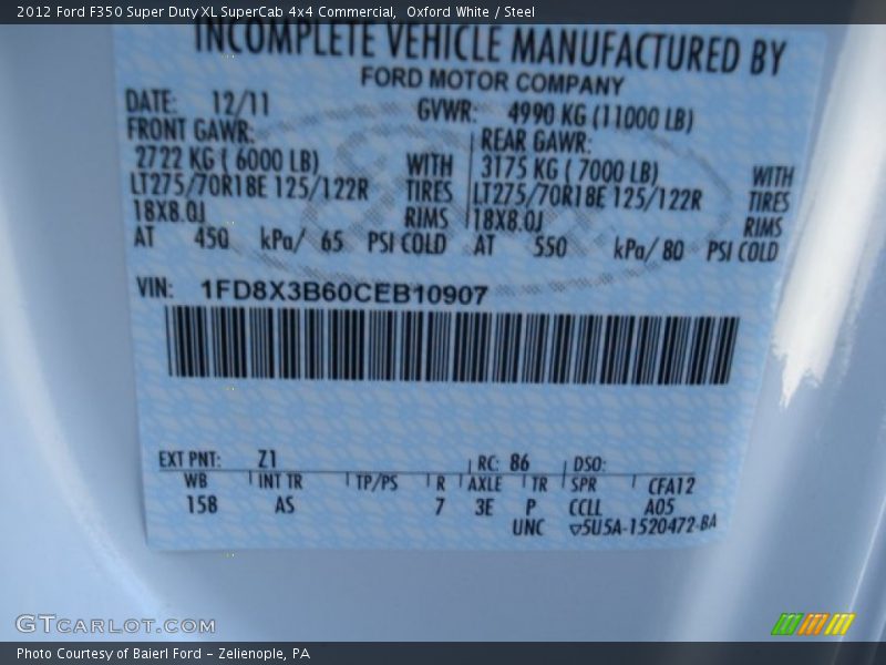 2012 F350 Super Duty XL SuperCab 4x4 Commercial Oxford White Color Code Z1
