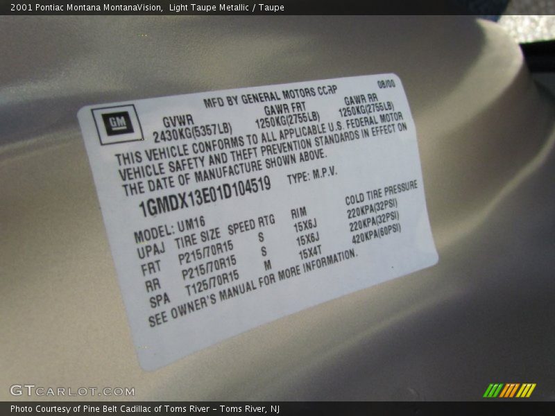 Light Taupe Metallic / Taupe 2001 Pontiac Montana MontanaVision