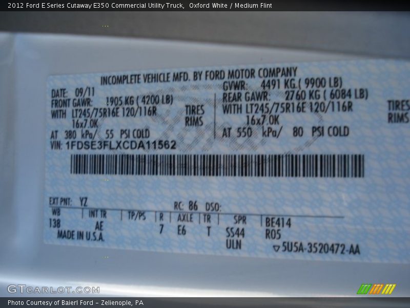 2012 E Series Cutaway E350 Commercial Utility Truck Oxford White Color Code YZ