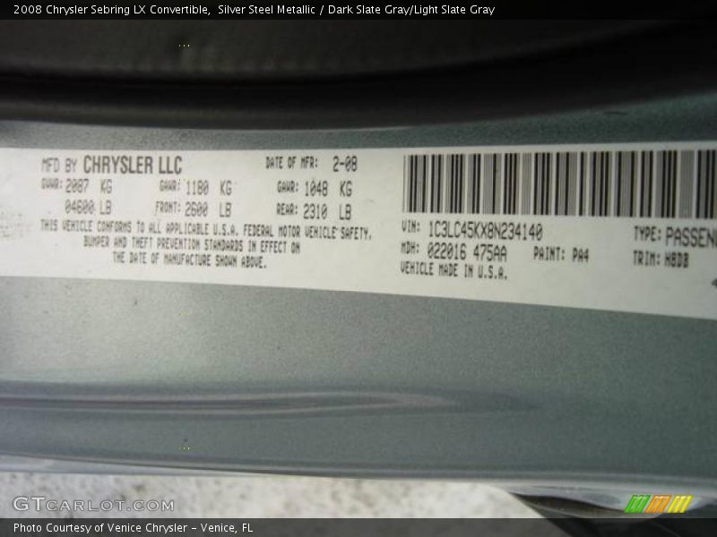 Silver Steel Metallic / Dark Slate Gray/Light Slate Gray 2008 Chrysler Sebring LX Convertible