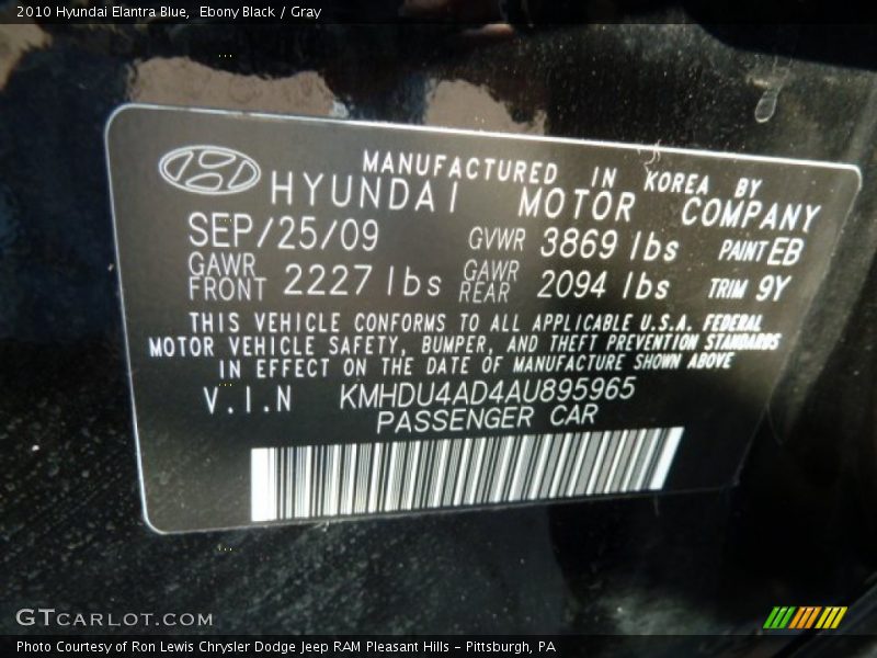 Ebony Black / Gray 2010 Hyundai Elantra Blue