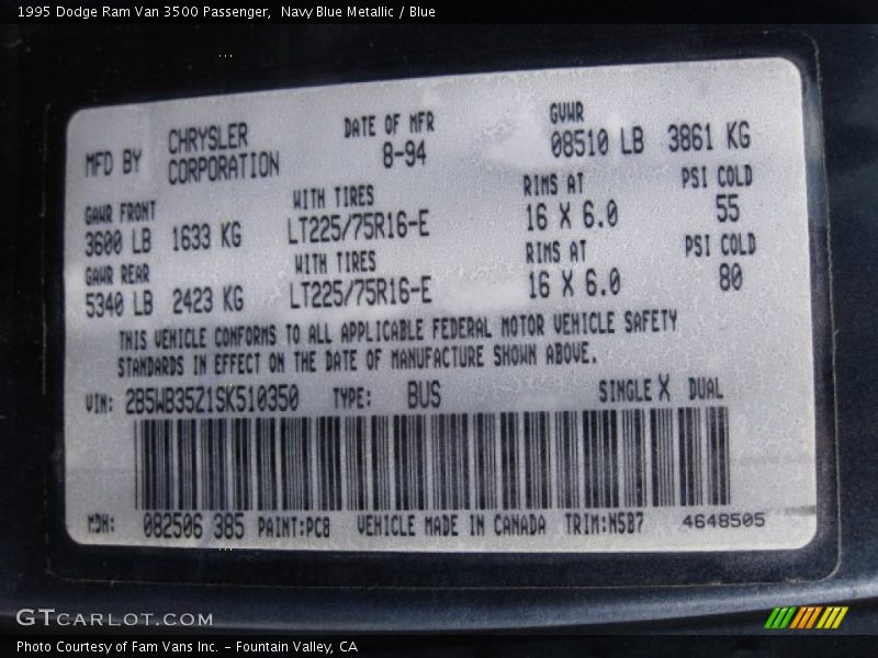 1995 Ram Van 3500 Passenger Navy Blue Metallic Color Code PC8