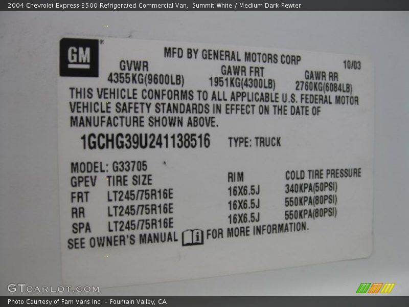Summit White / Medium Dark Pewter 2004 Chevrolet Express 3500 Refrigerated Commercial Van