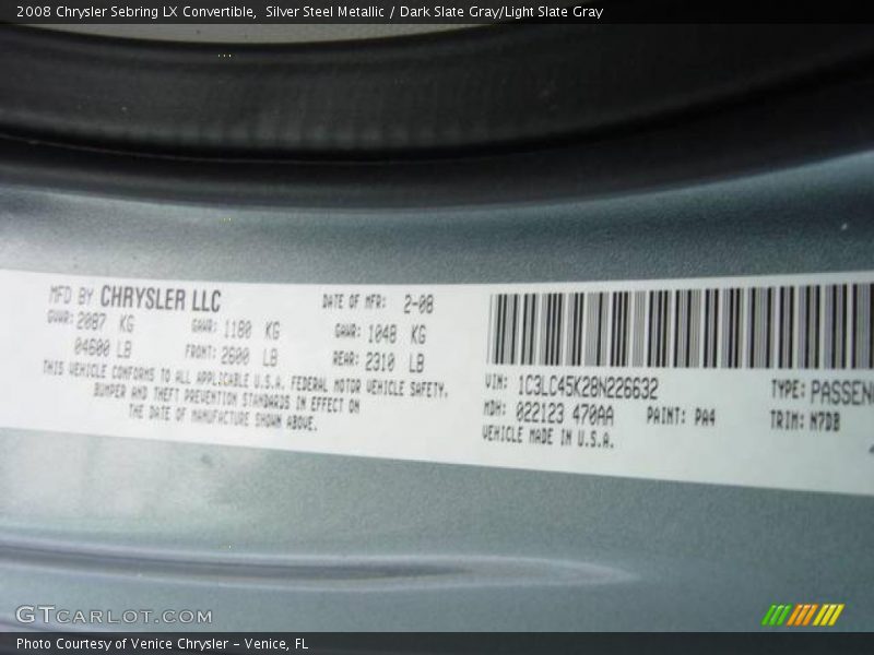 Silver Steel Metallic / Dark Slate Gray/Light Slate Gray 2008 Chrysler Sebring LX Convertible