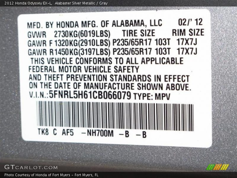 Alabaster Silver Metallic / Gray 2012 Honda Odyssey EX-L