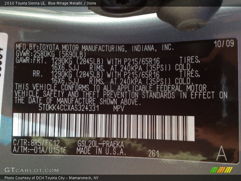 2010 Sienna LE Blue Mirage Metallic Color Code 8R5