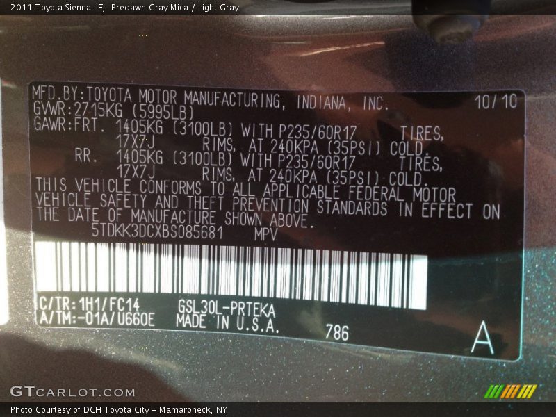 Predawn Gray Mica / Light Gray 2011 Toyota Sienna LE