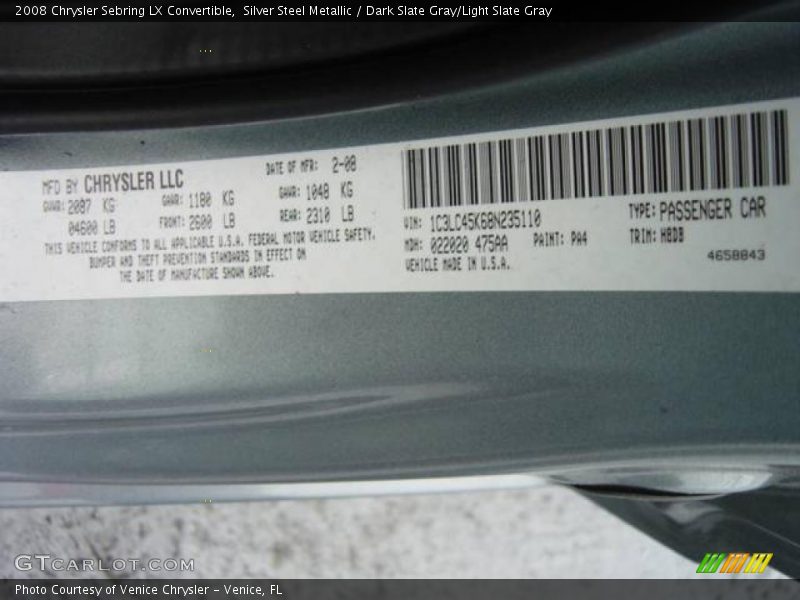 Silver Steel Metallic / Dark Slate Gray/Light Slate Gray 2008 Chrysler Sebring LX Convertible