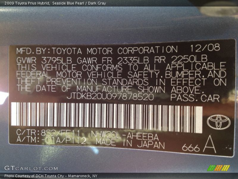 2009 Prius Hybrid Seaside Blue Pearl Color Code 8S2