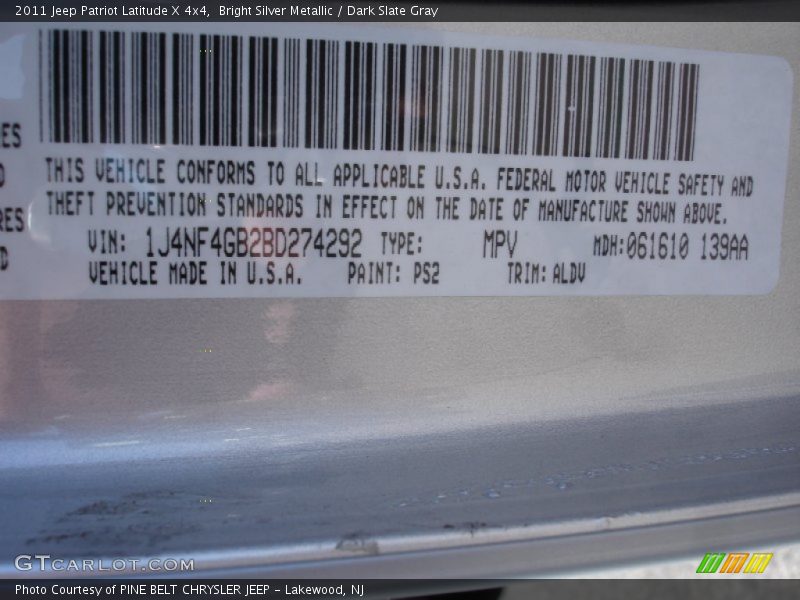 2011 Patriot Latitude X 4x4 Bright Silver Metallic Color Code PS2
