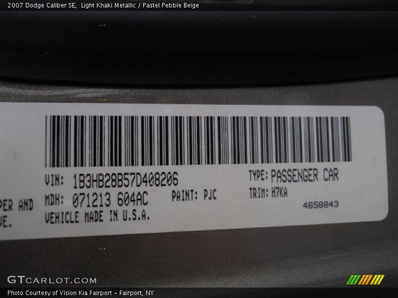 2007 Caliber SE Light Khaki Metallic Color Code PJC