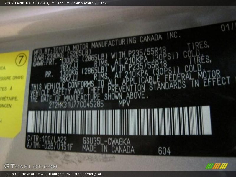 Millennium Silver Metallic / Black 2007 Lexus RX 350 AWD