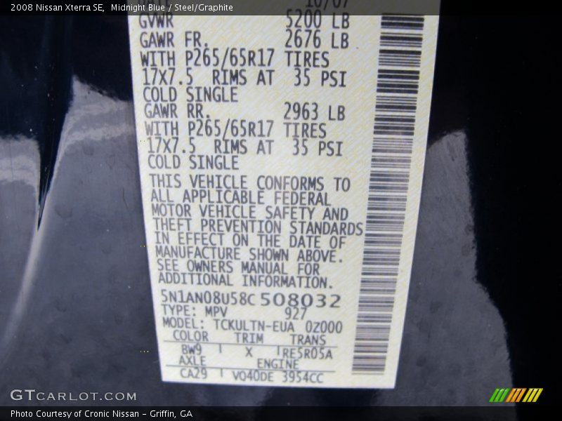2008 Xterra SE Midnight Blue Color Code BW9