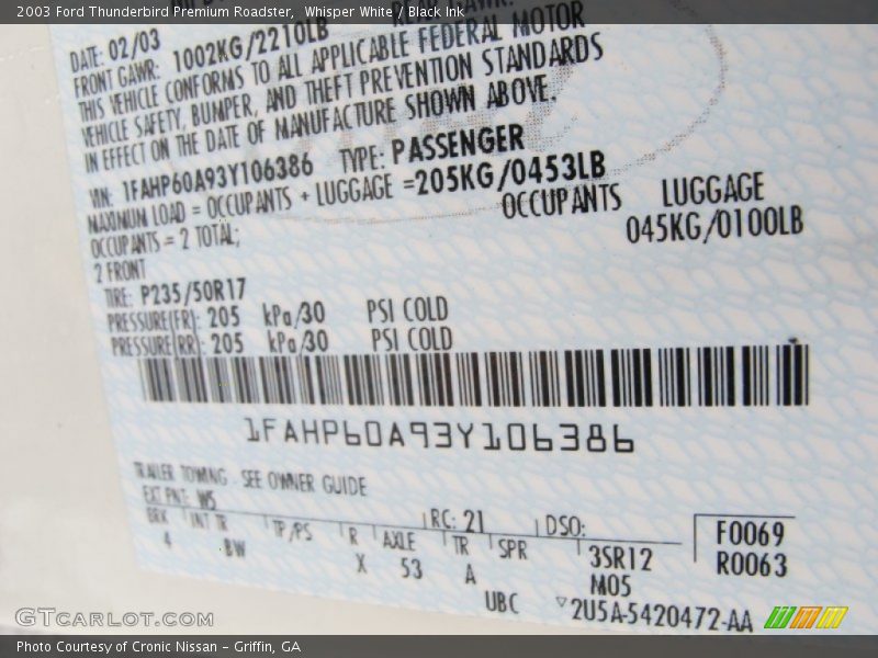 2003 Thunderbird Premium Roadster Whisper White Color Code WS