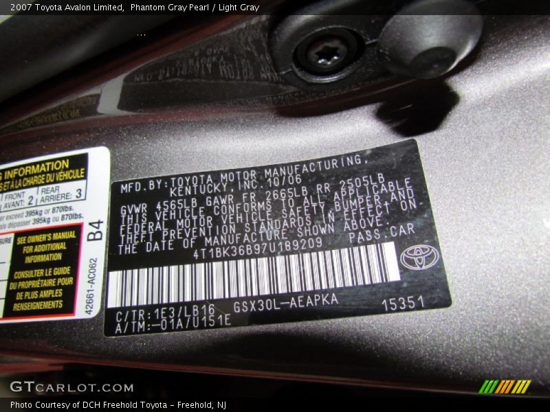 2007 Avalon Limited Phantom Gray Pearl Color Code 1E3