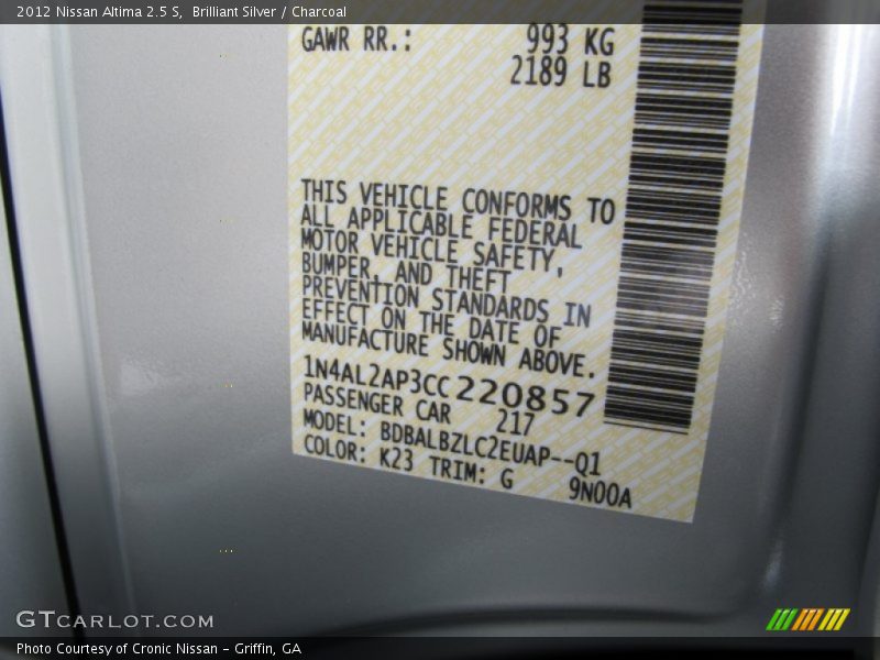 2012 Altima 2.5 S Brilliant Silver Color Code K23