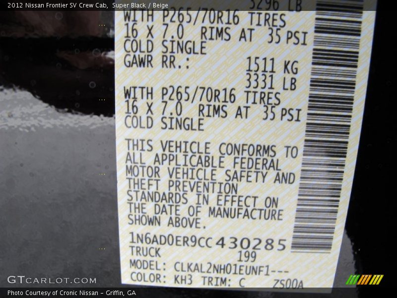 2012 Frontier SV Crew Cab Super Black Color Code KH3