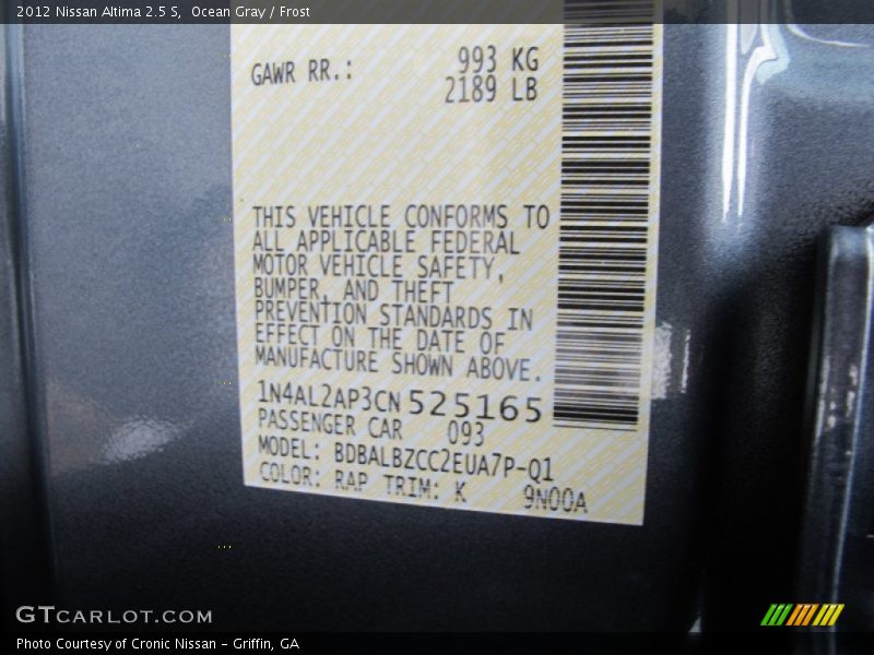 2012 Altima 2.5 S Ocean Gray Color Code RAP