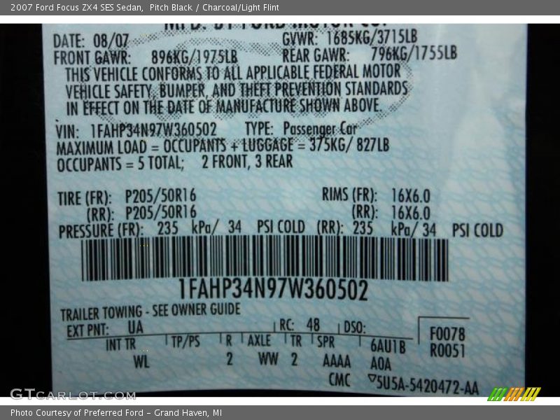 2007 Focus ZX4 SES Sedan Pitch Black Color Code UA