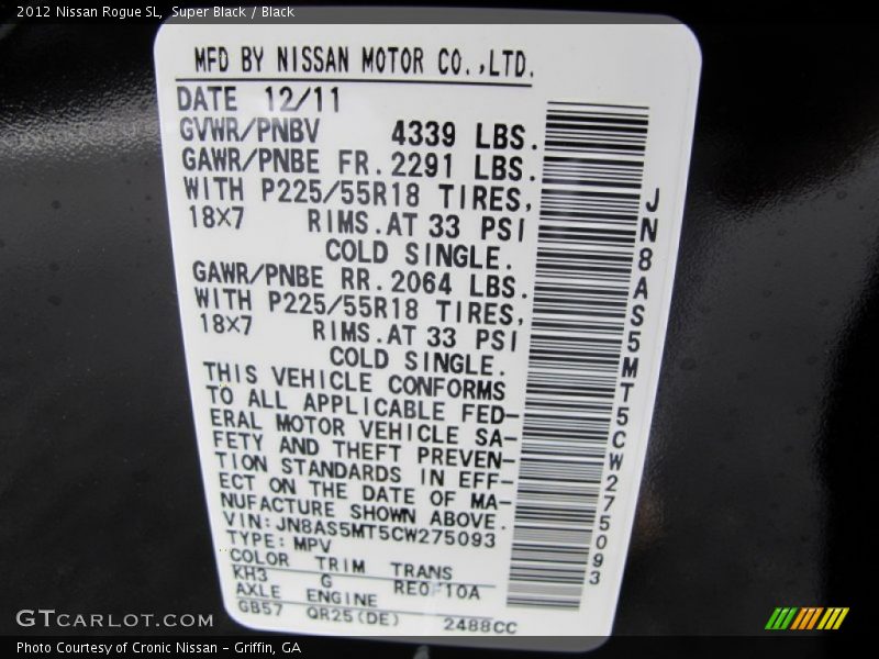Super Black / Black 2012 Nissan Rogue SL