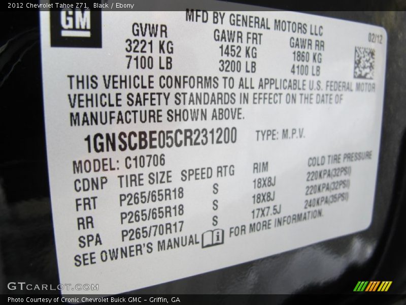 Black / Ebony 2012 Chevrolet Tahoe Z71