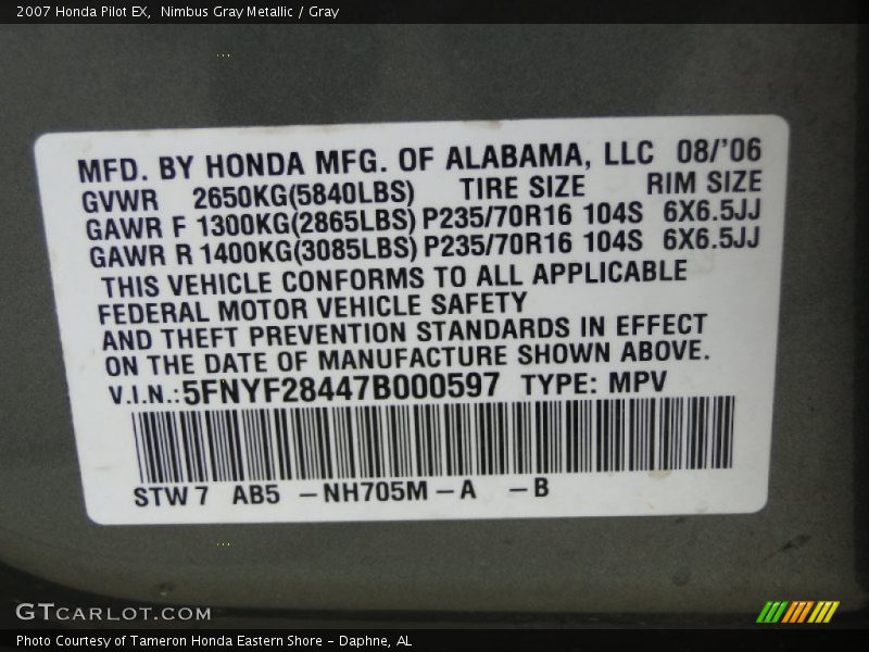 Nimbus Gray Metallic / Gray 2007 Honda Pilot EX