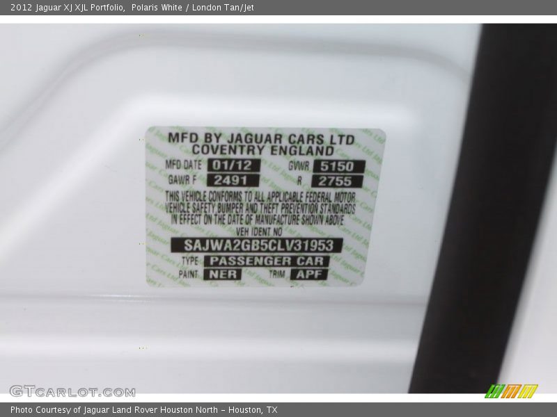 2012 XJ XJL Portfolio Polaris White Color Code NER