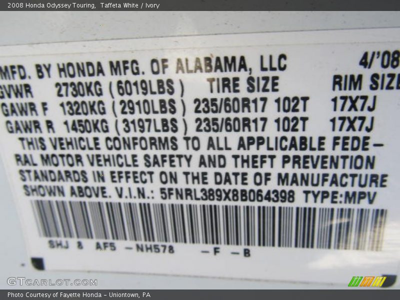 Taffeta White / Ivory 2008 Honda Odyssey Touring