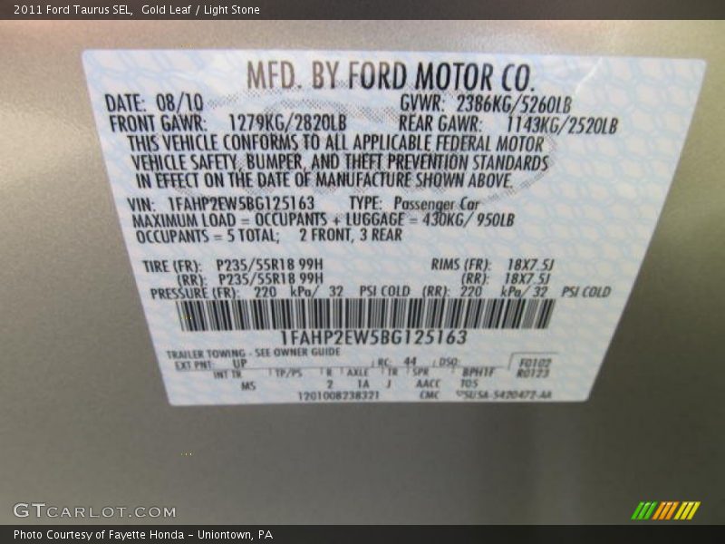 Gold Leaf / Light Stone 2011 Ford Taurus SEL