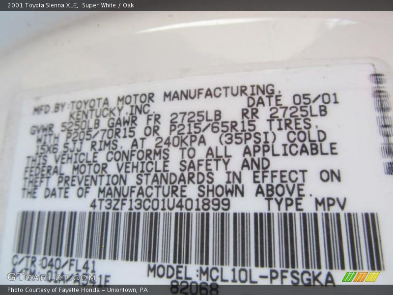 2001 Sienna XLE Super White Color Code 040