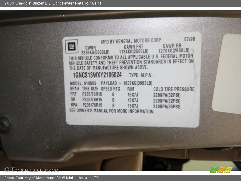 Light Pewter Metallic / Beige 2000 Chevrolet Blazer LT