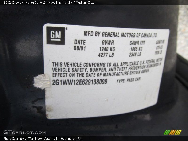 Navy Blue Metallic / Medium Gray 2002 Chevrolet Monte Carlo LS