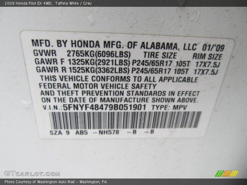 Taffeta White / Gray 2009 Honda Pilot EX 4WD