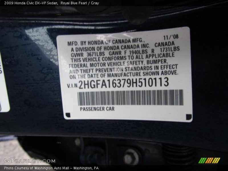 Royal Blue Pearl / Gray 2009 Honda Civic DX-VP Sedan