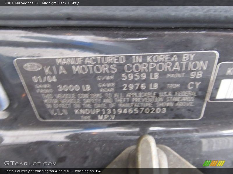 Midnight Black / Gray 2004 Kia Sedona LX