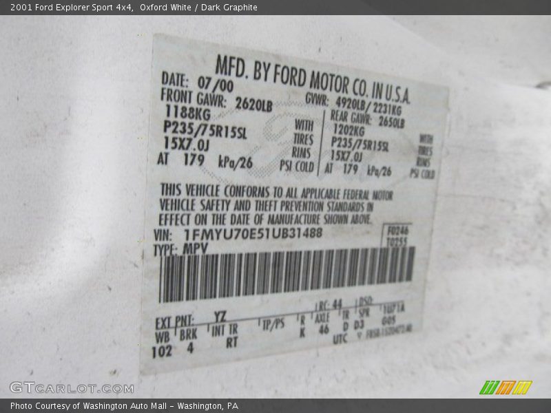 Oxford White / Dark Graphite 2001 Ford Explorer Sport 4x4
