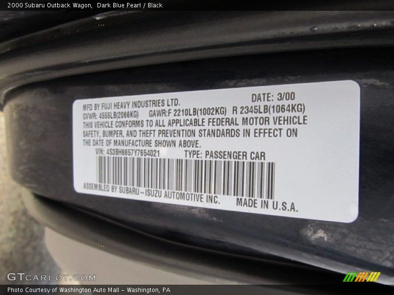 Dark Blue Pearl / Black 2000 Subaru Outback Wagon