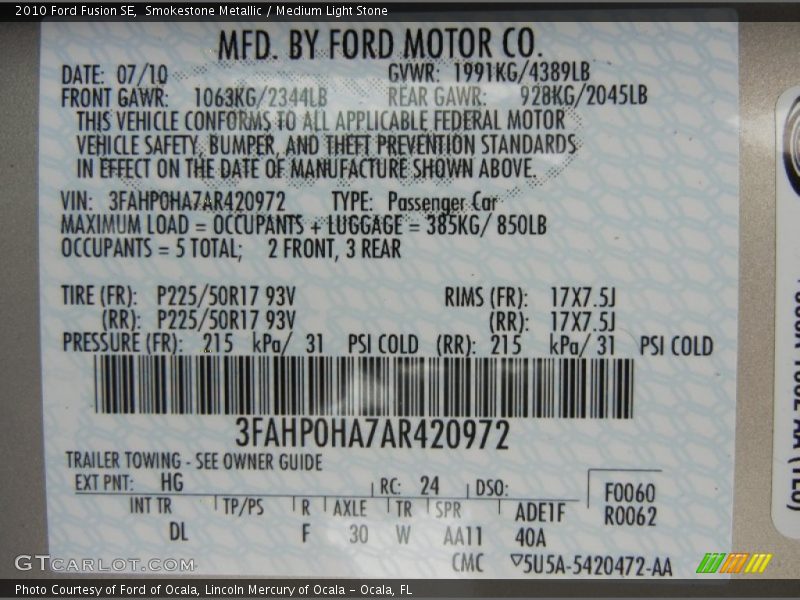 Smokestone Metallic / Medium Light Stone 2010 Ford Fusion SE