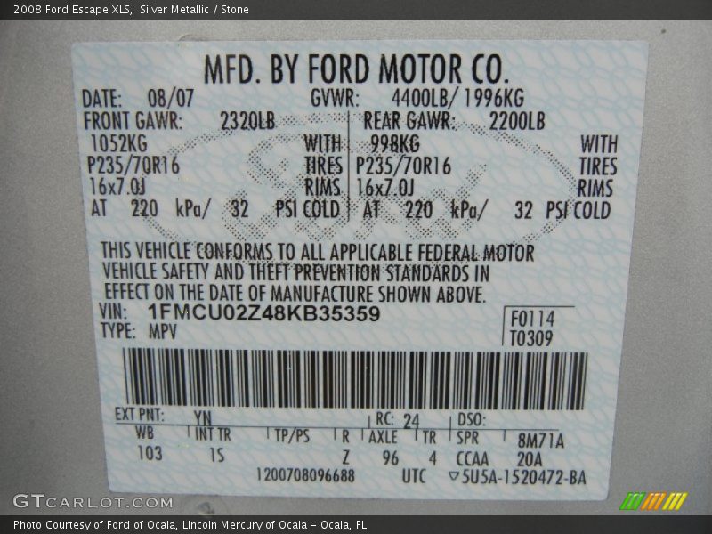 2008 Escape XLS Silver Metallic Color Code YN