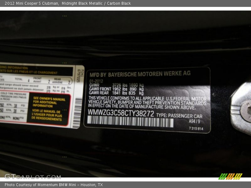 Midnight Black Metallic / Carbon Black 2012 Mini Cooper S Clubman