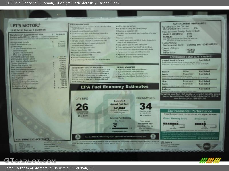  2012 Cooper S Clubman Window Sticker