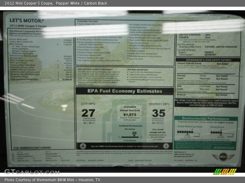 2012 Cooper S Coupe Window Sticker
