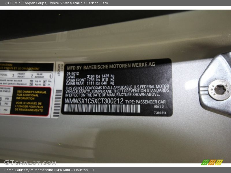 White Silver Metallic / Carbon Black 2012 Mini Cooper Coupe