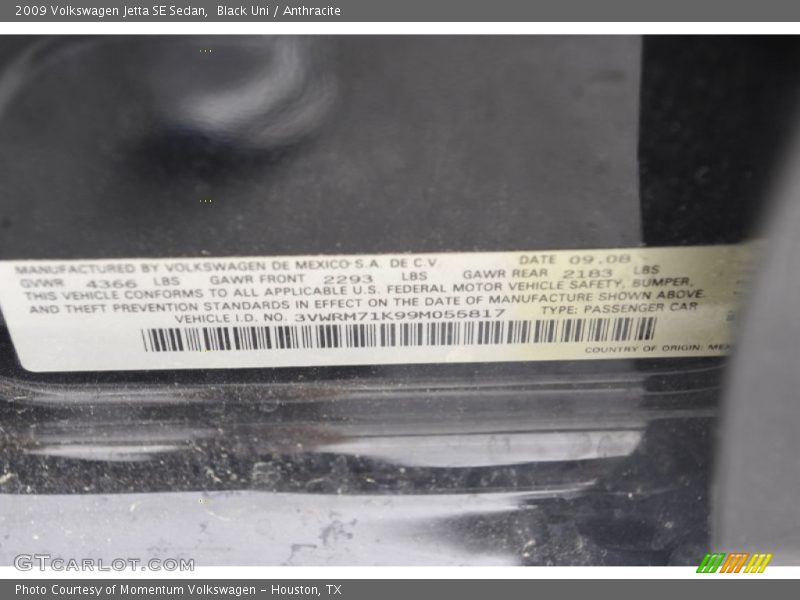 Black Uni / Anthracite 2009 Volkswagen Jetta SE Sedan