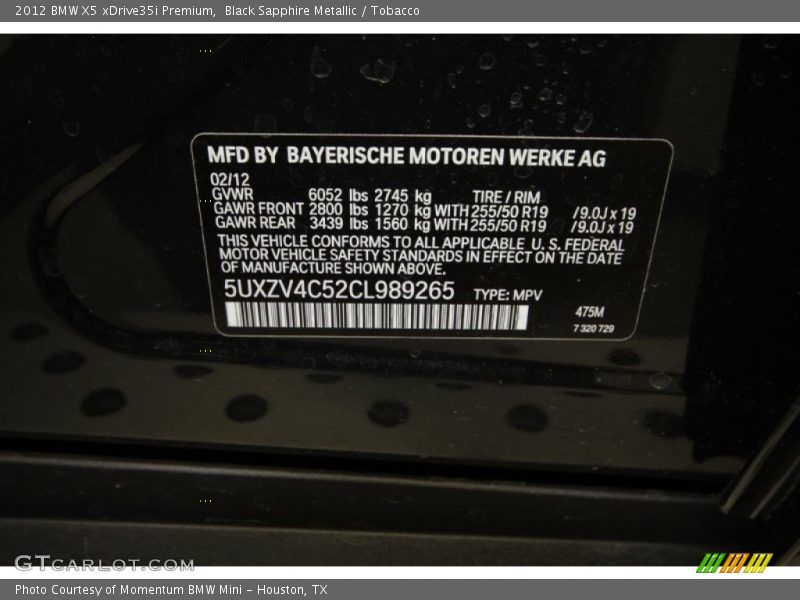 Black Sapphire Metallic / Tobacco 2012 BMW X5 xDrive35i Premium